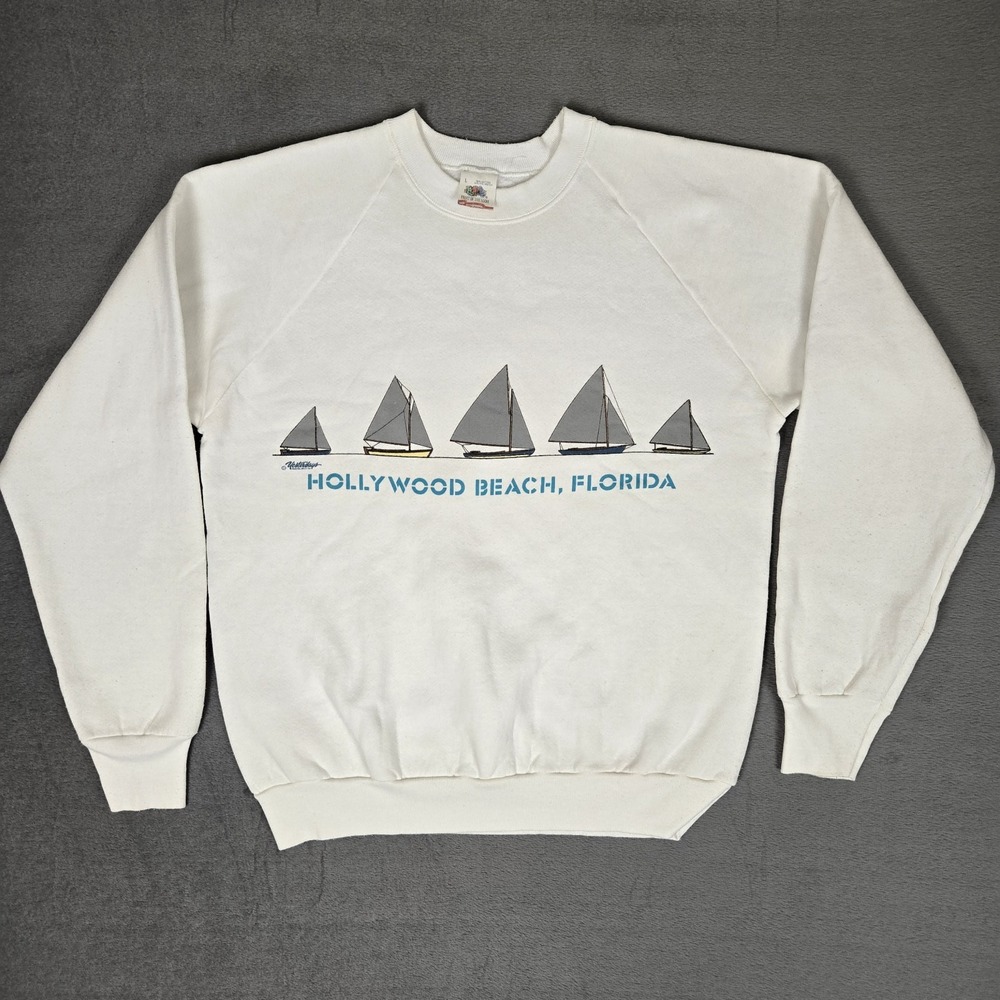 Vintage Hollywood Beach Florida Sweatshirt Mens Large Sailboat White USA 90s